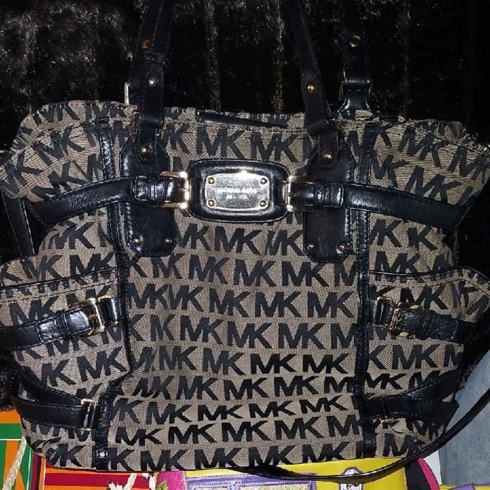 Michael Kors Black and Tan Shoulder Bag with Monogram